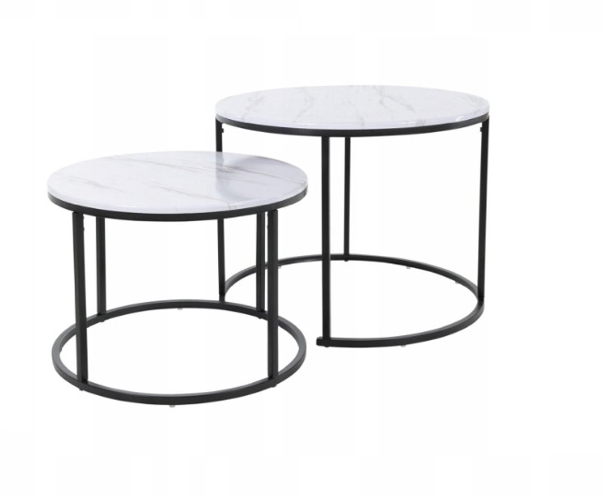 Bijzettafel Salontafel metalen Frame - Tafelblad in mat witte marmerlook - set 2 stuks