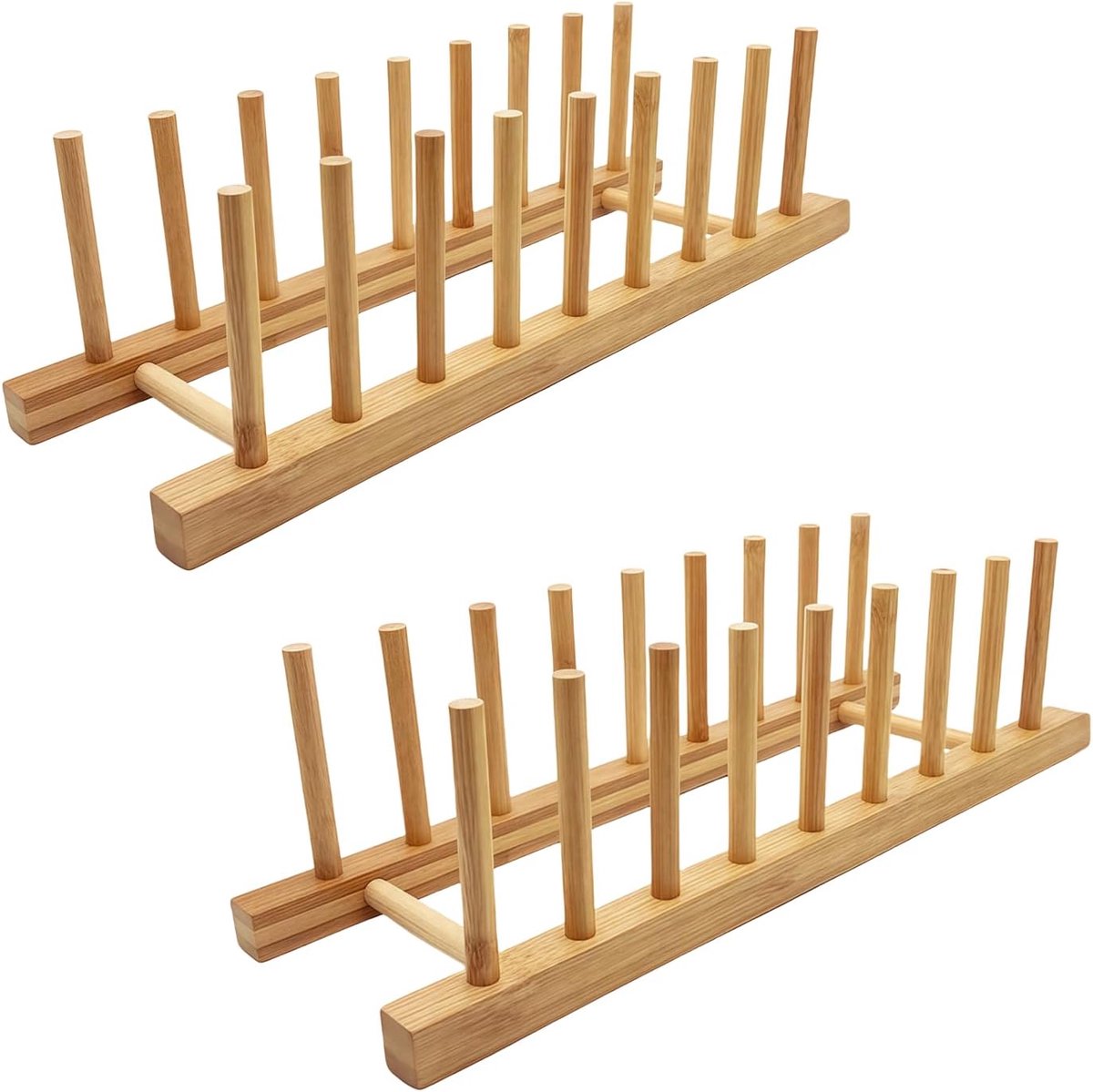 SnelShoppen - Plate Rack Holder voor Keuken Kasten - Bamboe Houten Snijplank Tray Drainer Stand - 2 Stuks met 8 Slots - Keuken Organizer voor Borden,