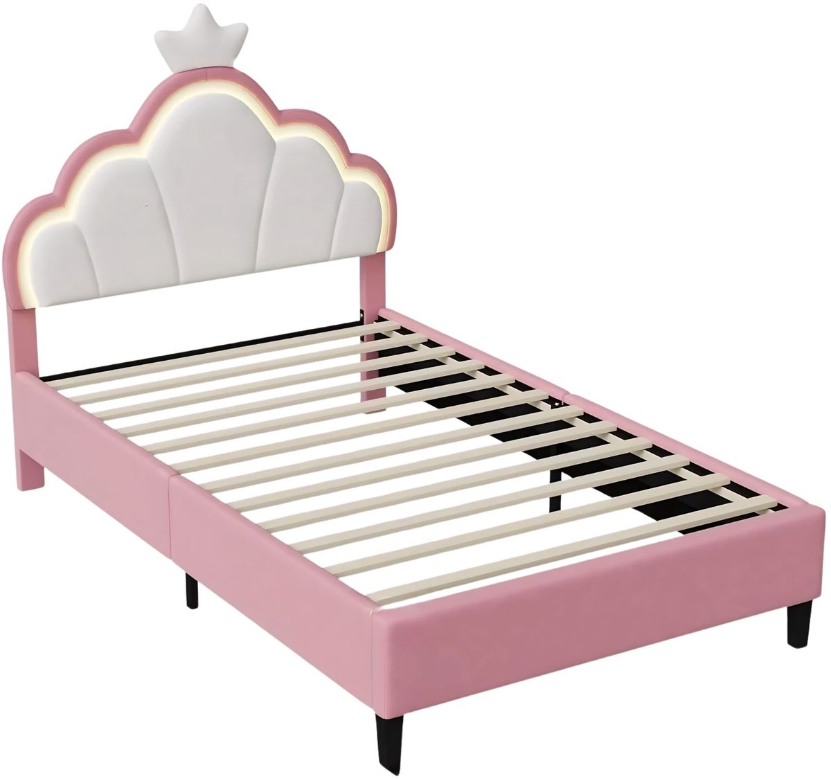 Kinderbed - 90 x 200 Cm Roze Fluweel - Gestoffeerd Eenpersoonsbed met Hydraulische Opbergruimte, Hoofdeinde met - voor Kinderkamer en Slaapruimte