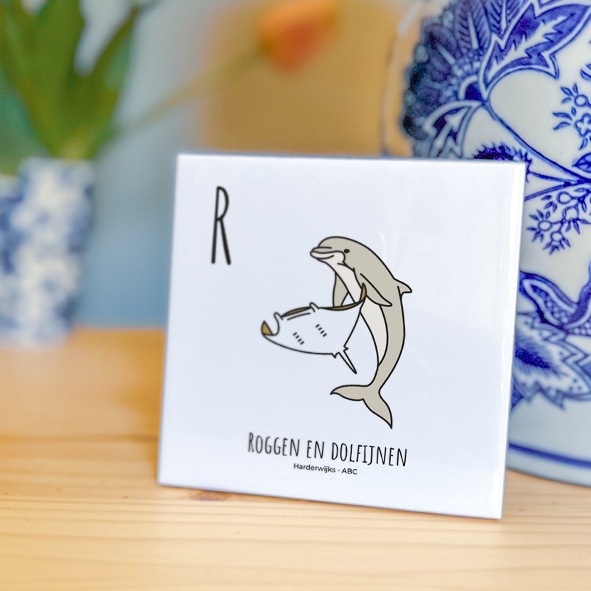 Roggen en dolfijnen - ABC tegeltje Harderwijk - Keramiek met Handgetekende Illustratie - Wanddecoratie - Woondecoratie - Relatiegeschenk - Souvenir - 10,8 x 10,8 cm