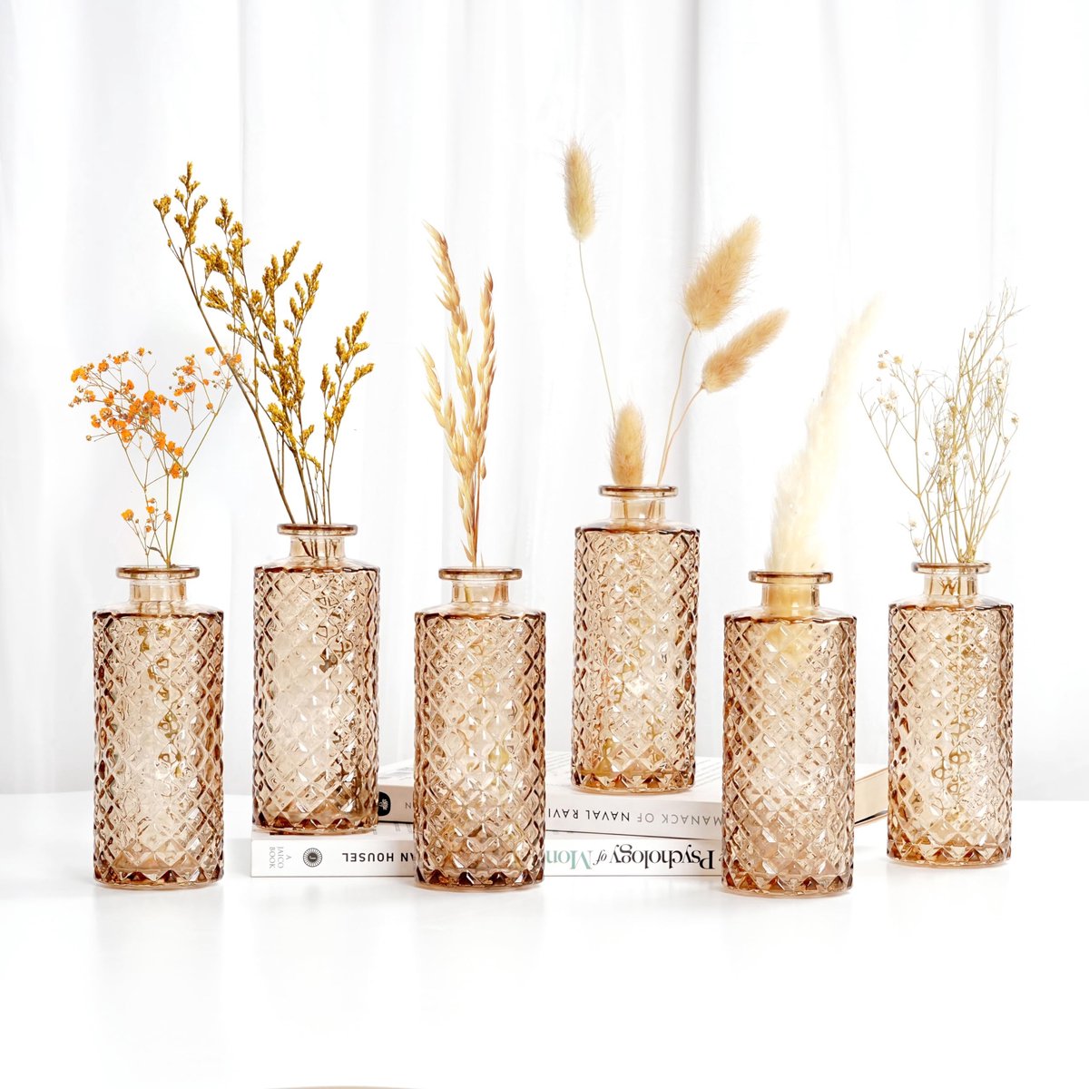 Omgoods- Vazen Set van 6 - Amberkleurige Diamantstijl - Glazen Vazen voor Bloemen - Rustieke Vintage Vazen - Tafeldecoraties - Duurzaam Ontwerp - Bloemenvazen
