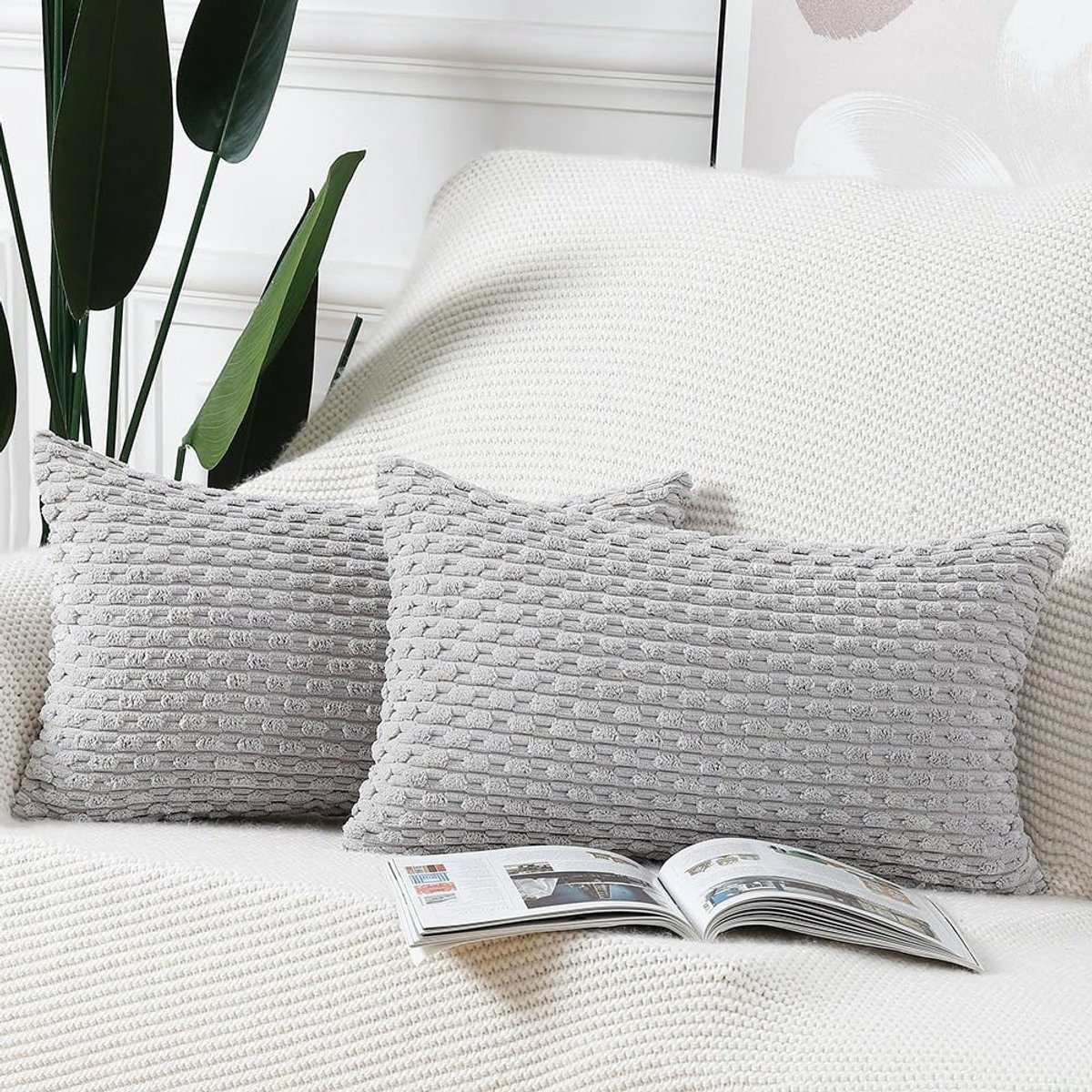 Omgoods - Set van 2 Corduroy Boho Kussenslopen 30x50cm Lichtgrijs