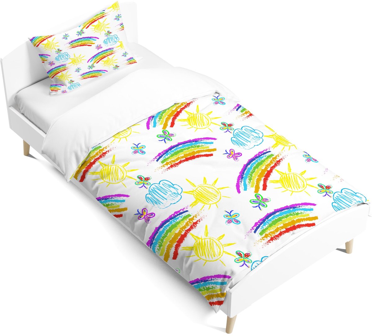 Omgoods- Beddengoedset Regenboog - Dekbedovertrek 90 x 190 cm - Kussensloop 40 x 60 cm - Cartoon Stijl - Soepel Lopende Ritssluiting - Voor Kinderen