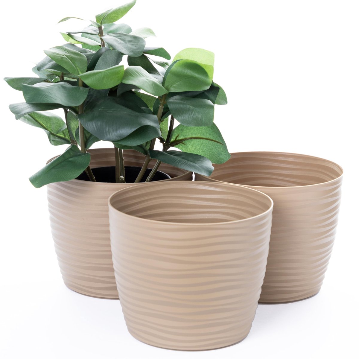Omgoods - Set van 3 Taupe Plastieken Plantpotten met 3D Golf Effect