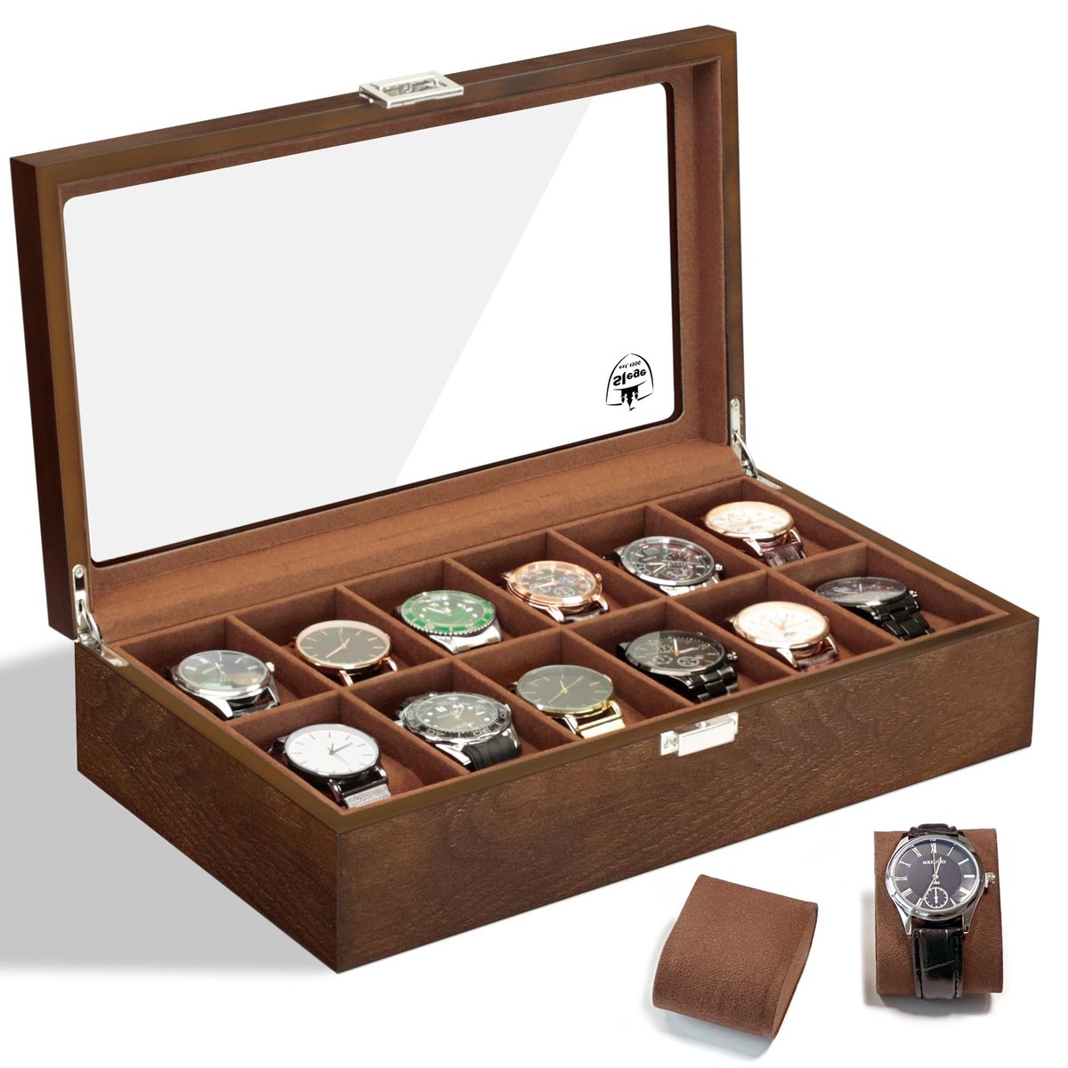 Omgoods - Elegante Houten Horlogedoos voor 12 Horloges met Glazen Deksel