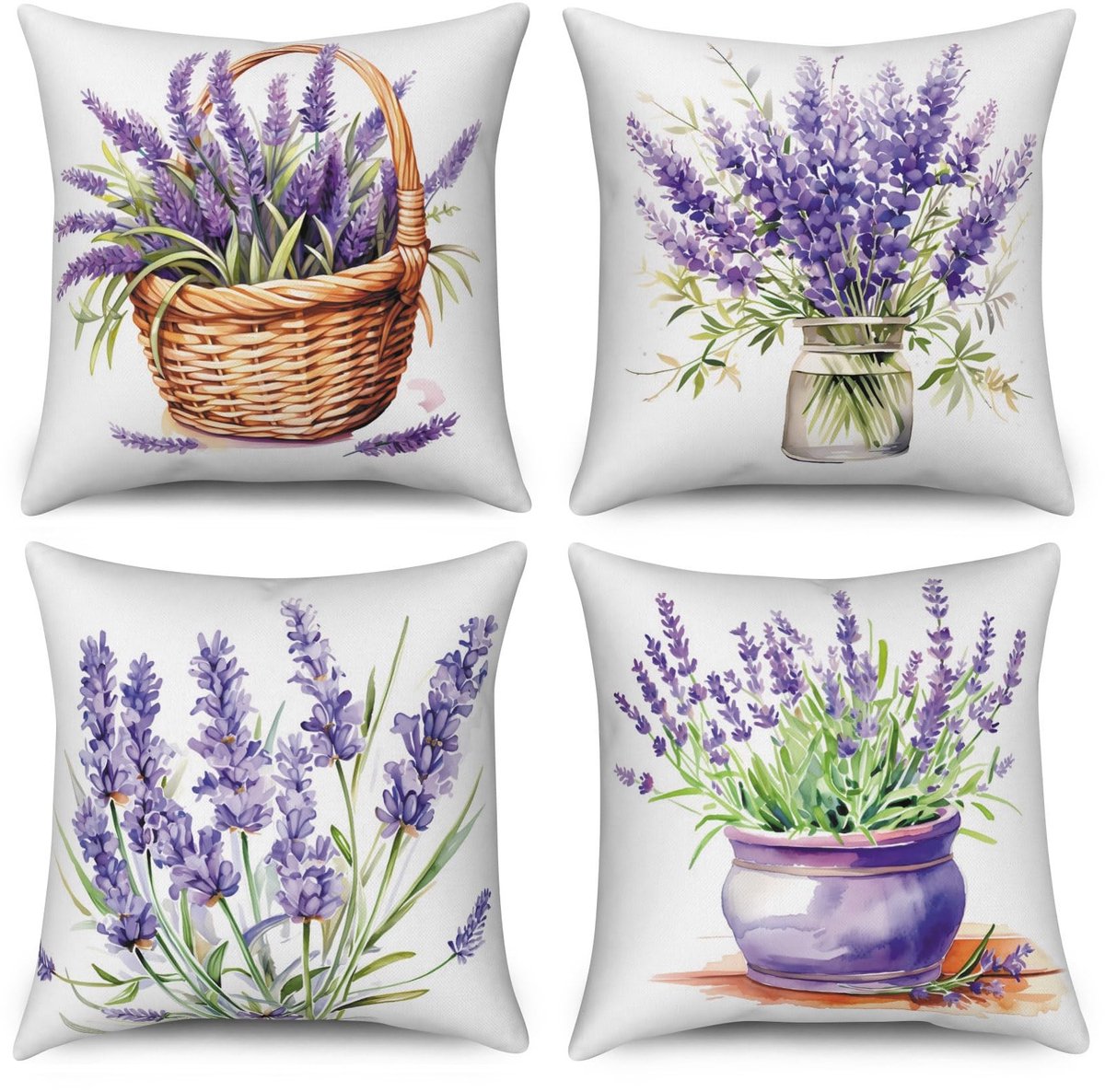 Omgoods - Bloemen Kussenhoezen Set van 4 met Handgeschilderde Paarse Bloemen