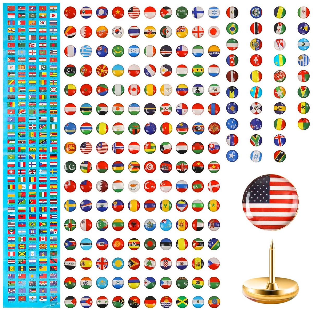 Omgoods- Punaises Goud 200 Stuks - Prikbord Kurk - Duimspijkers - Punaises voor Prikbord - Creatieve Landvlag Punaises - 11 mm Lengte - Kaartspelden