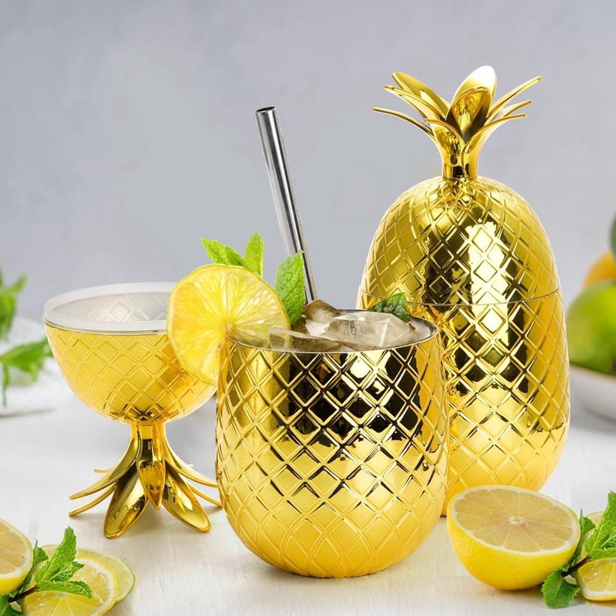Omgoods - 450ml Gouden Ananasbekers met Rietjes - Herbruikbaar, Set van 2
