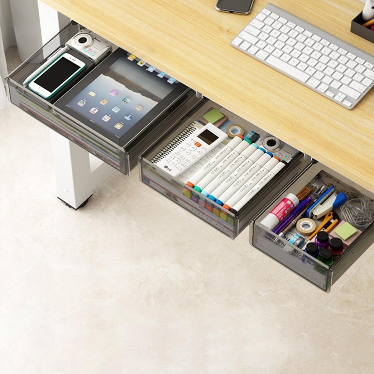 Omgoods - Set van 3 Uittrekbare Lades voor Onder het Bureau - Organiser voor Extra Opbergruimte