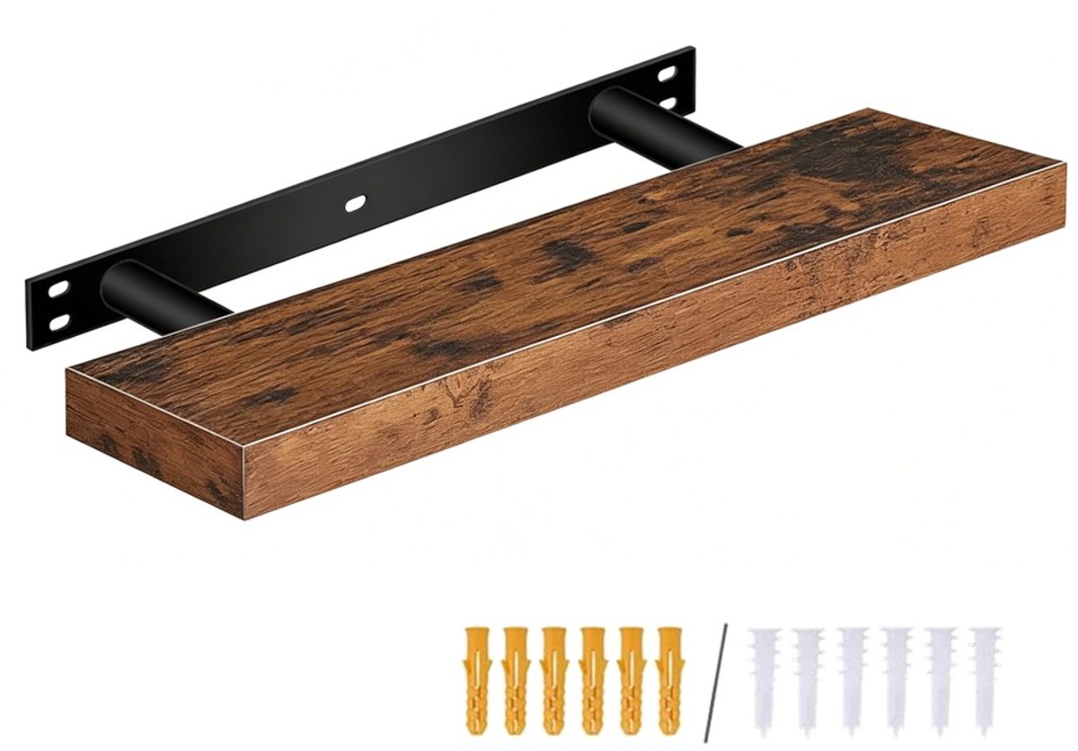 HÜSQ zwevende Wandplank – 60 cm lang – inclusief sterk Ophang Frame met Dubbele Buis – Houten Boekenplank 10 kg belastbaar - vintage bruin