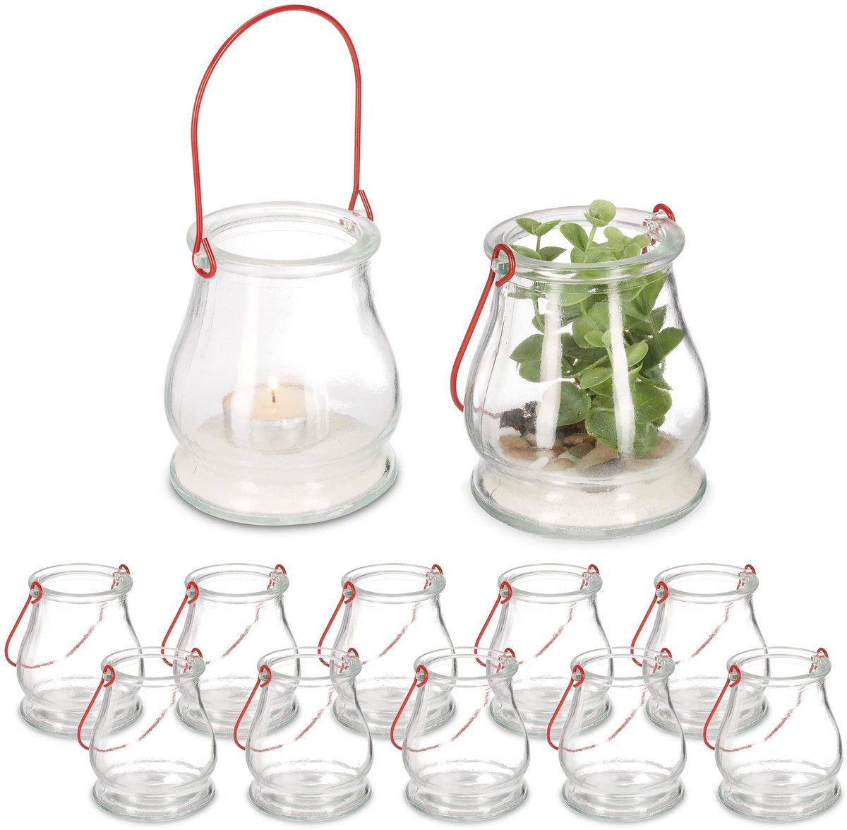 Omgoods - Set van 12 Glazen Lantaarns met Handvat voor Binnen en Buiten