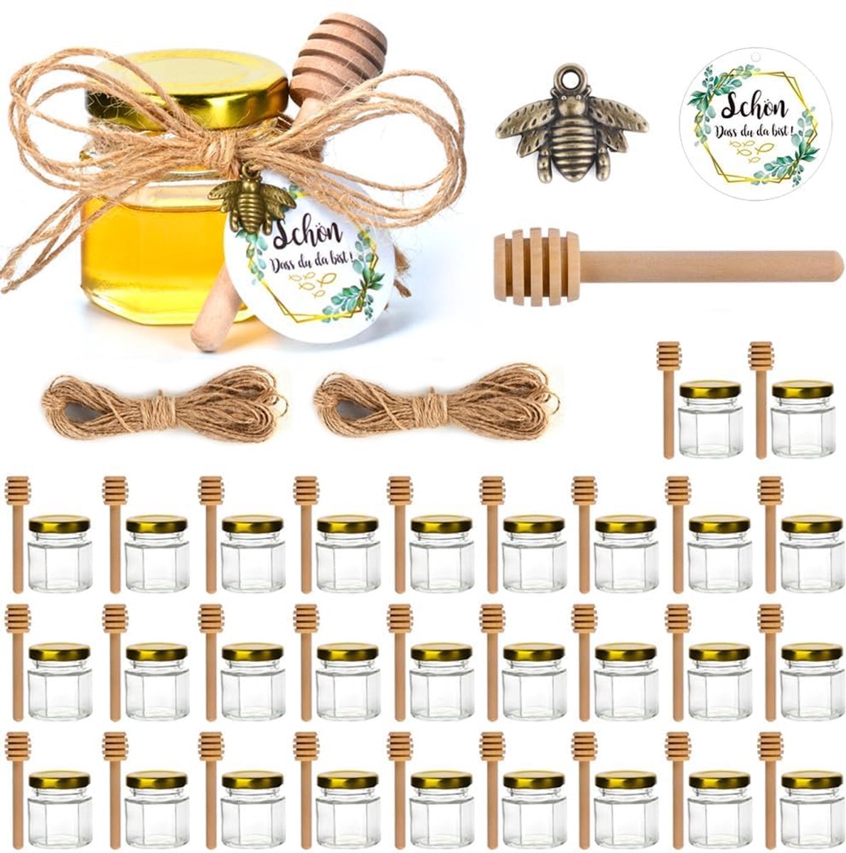 Omgoods- Honingglas 45 ml - Honinghouder met Lepel - Honingdispenser - Glazen Pot - Antieke Bronzen Bee Hanger - Duurzaam en Premium - Honingpot