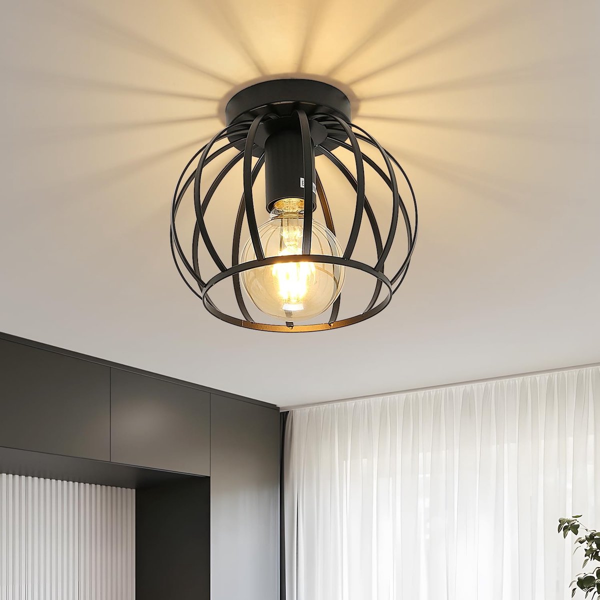 Omgoods - Vintage Industriële Plafondlamp E27 Retro Kooi Design Zwart