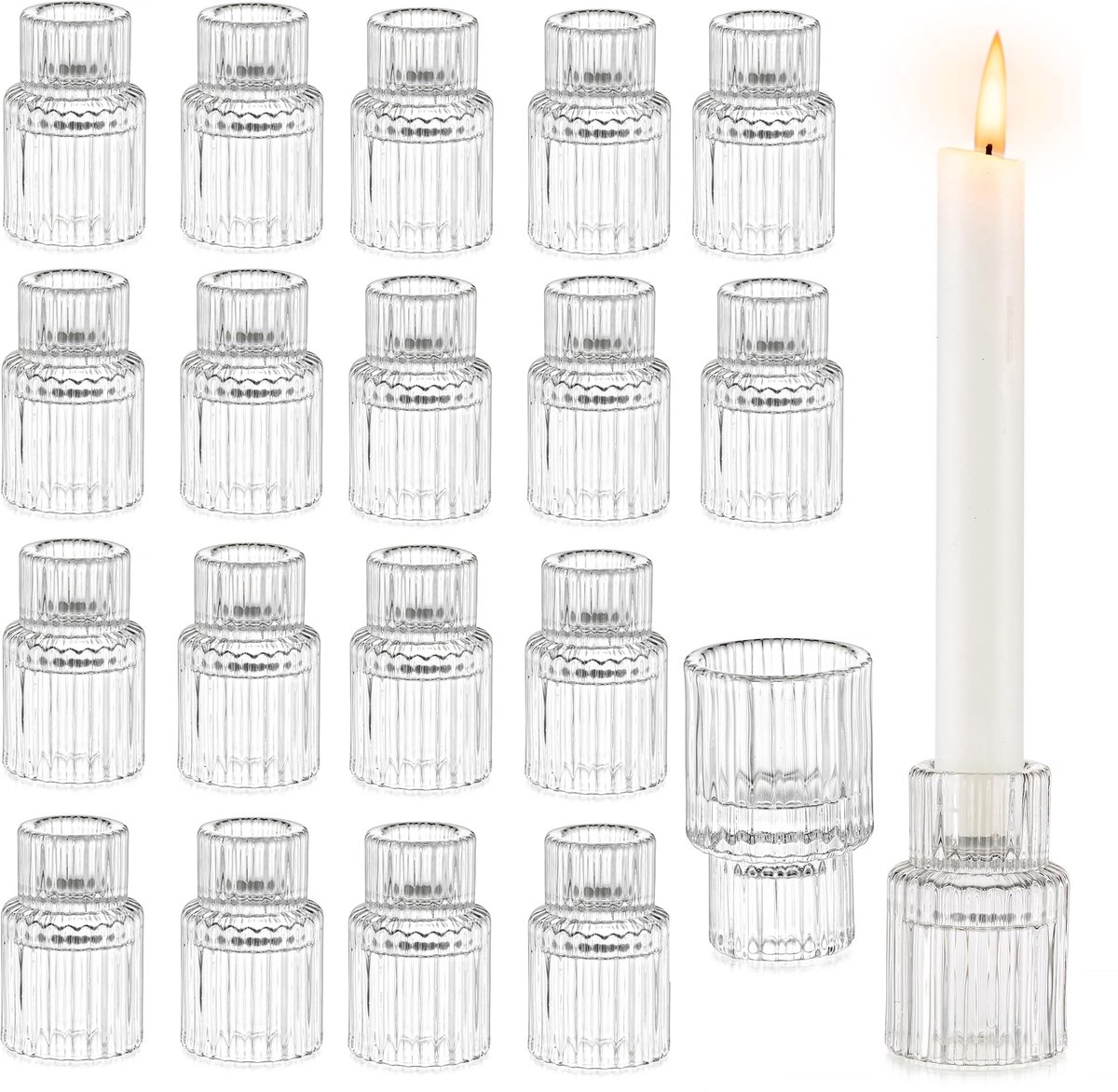 Omgoods- Kandelaar Set Van 20 - Glazen Kandelaar Houder - Geribbelde Kristallen Kandelaar - Decoratieve Kaarshouder - Voor Taper Kaarsen - Stevig Ontwerp - Kaarsenhouders