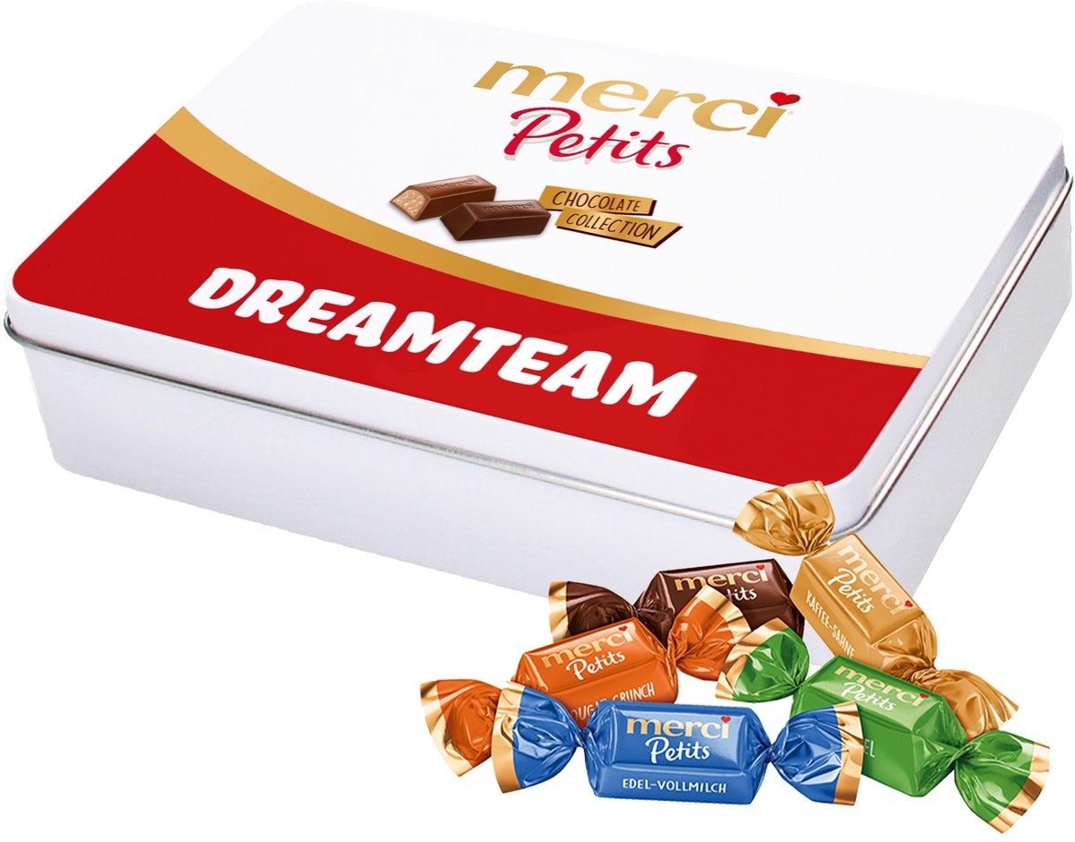 merci Petits Dreamteam 250g - Bedankje - Tinnen blik met mix van individueel verpakte mini chocolaatjes - Chocolade cadeau - Chocolade mix in tinbox