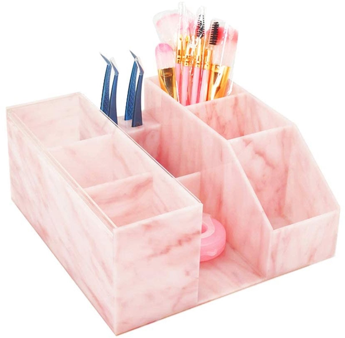 Omgoods- Wimper Opbergdoos Waterdicht - Make-up Organizer - Cosmetische Organizer - Acryl/Marmer - Drie Vakken - Inclusief Pincet Opberggat