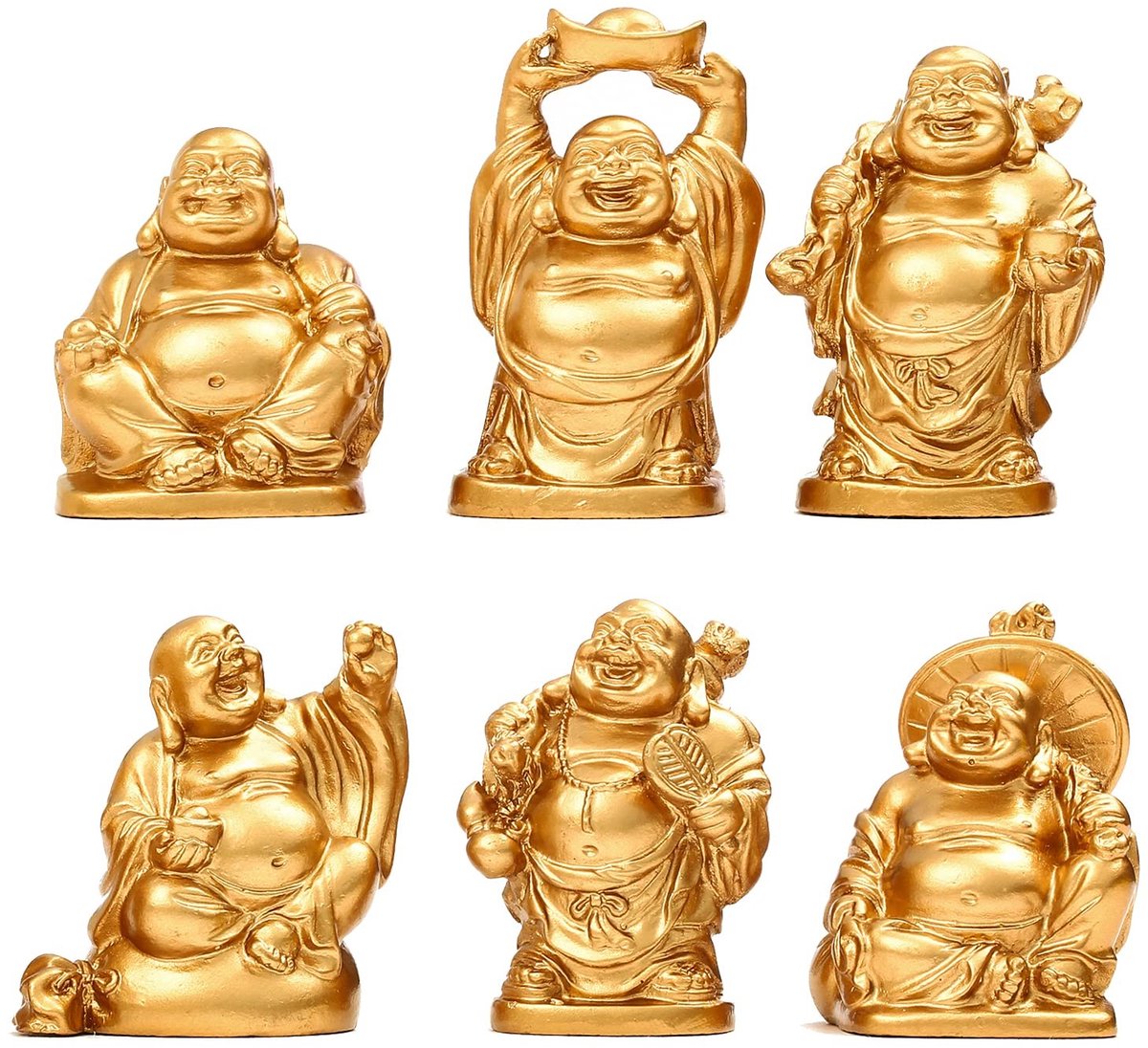 Omgoods - Set van 6 Geluks Boeddha Beeldjes in Goud
