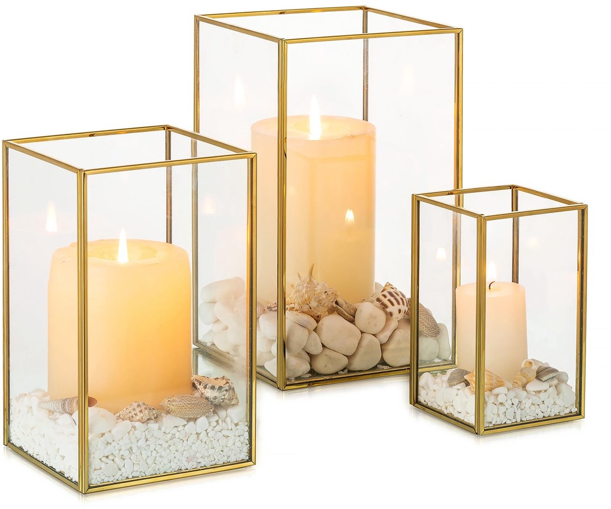 Omgoods - Hurrican Kaarsenhouders - 3 Stuks Gouden Lantaarn voor Decoratie