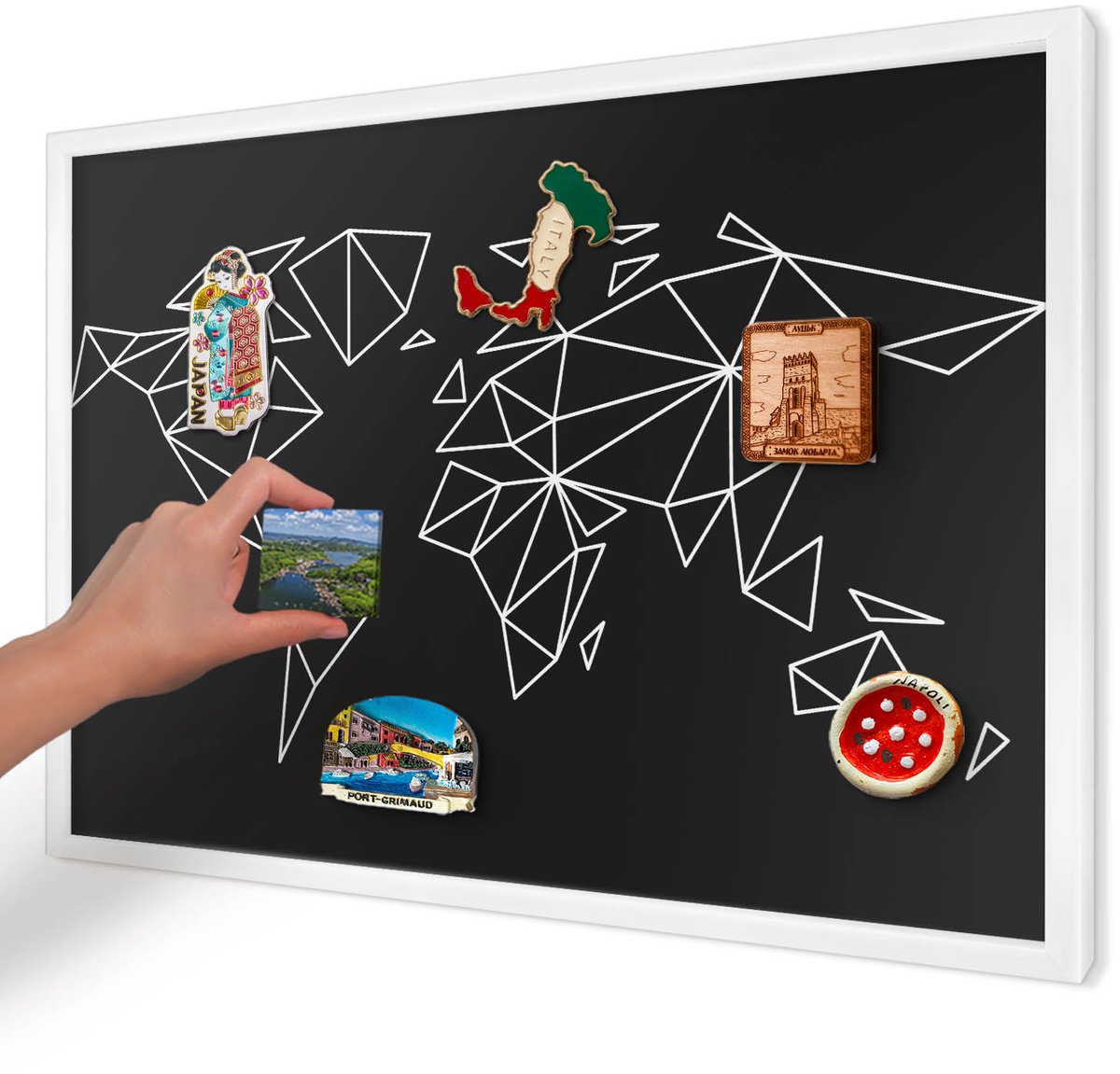 Artprintcave Zwart Magneetbord mit Witte Lijst - 60x40 cm - Wereldkaart Magneetbord Voor Foto's - Geometrische Wandbord Magnetisch - Geometrie