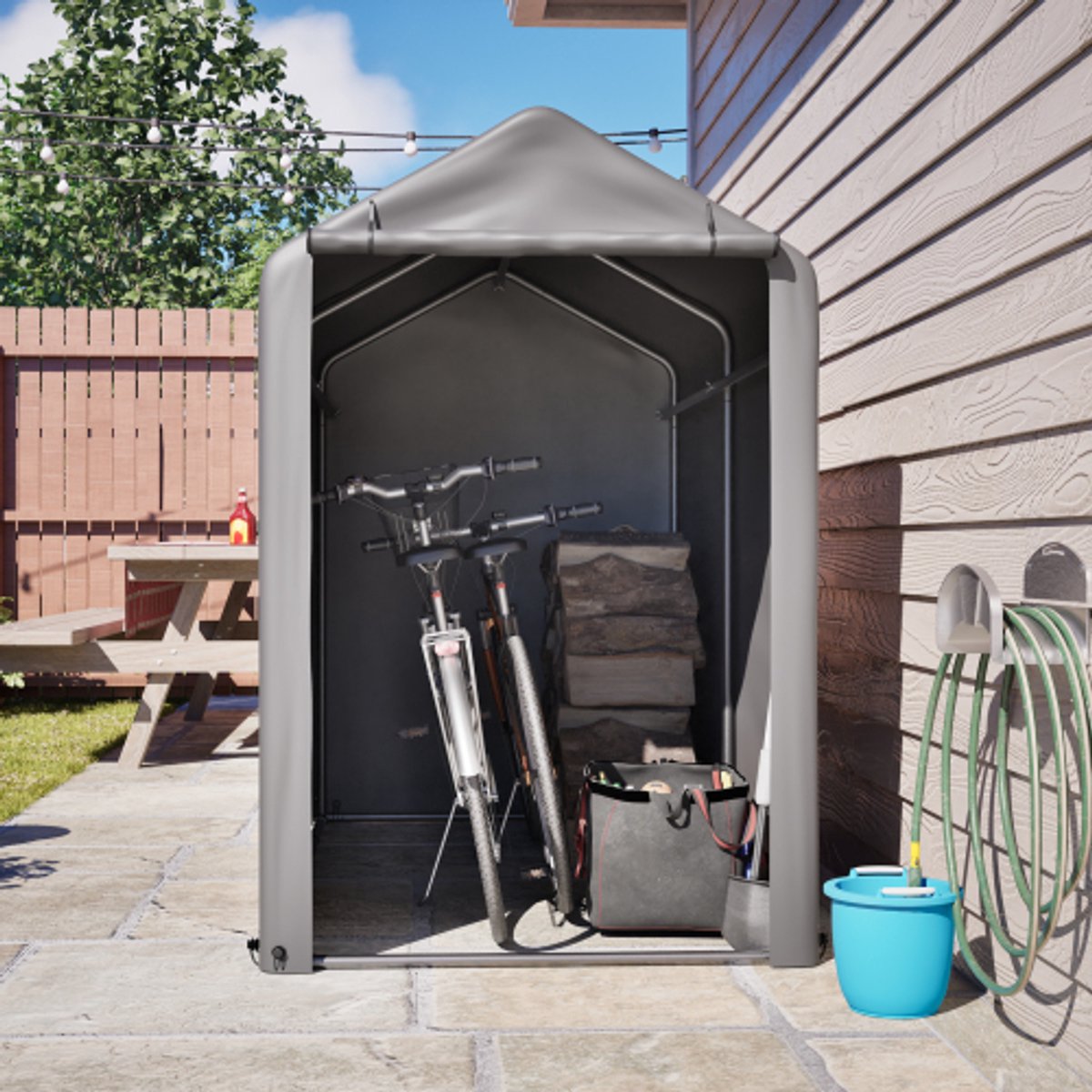 Donkergrijze fietsgarage 187x100x160cm gepoedercoat zwart stalen frame weerbestendige PE-doek tent voor fietsen tuingereedschap balkon terras en erf