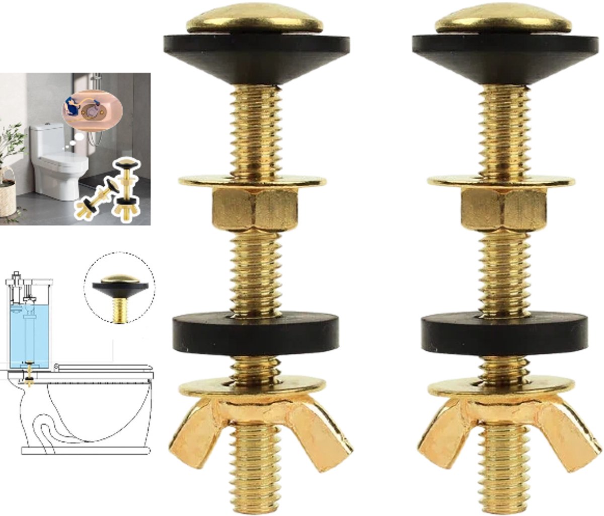 2 sets - Toiletschroeven - Toiletbouten - Toiletreservoirbouten - Bouten - Toiletaccessoires voor reservoir - Goudkleurig - Stevig en duurzaam - Voor het monteren van toiletbrillen - Geschikt voor het bevestigen van het reservoir aan de toiletbril