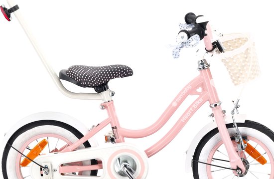 Heart Bike Fiets voor een meisje van 2 tot 4 jaar, 12 inch Roze, met fietsbel, zijwieltjes, duwstang en stuurmandje van Dino Bikes — afbeelding 3