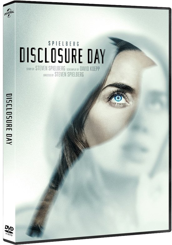 DVD-hoes van de film Disclosure Day, met close-up van een vrouw met blauwe ogen, een deel van haar gezicht is verborgen achter een spiegel.