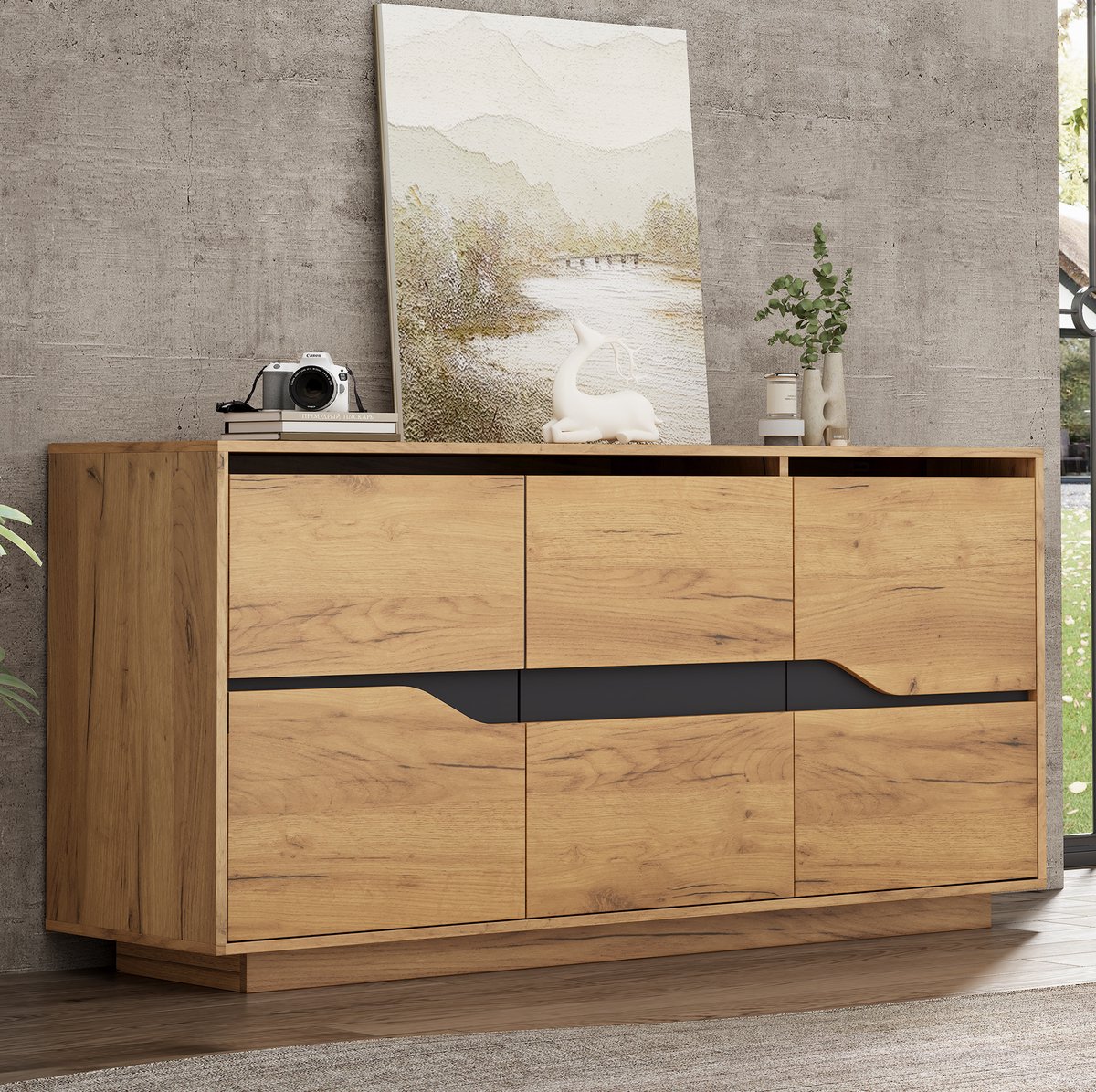 FloraGrace Dressoir Voor Woonkamer En Eetkamer Met 3 Deuren En Verstelbare Indeling In Eikenlook En Zwart 140x40x70 Cm