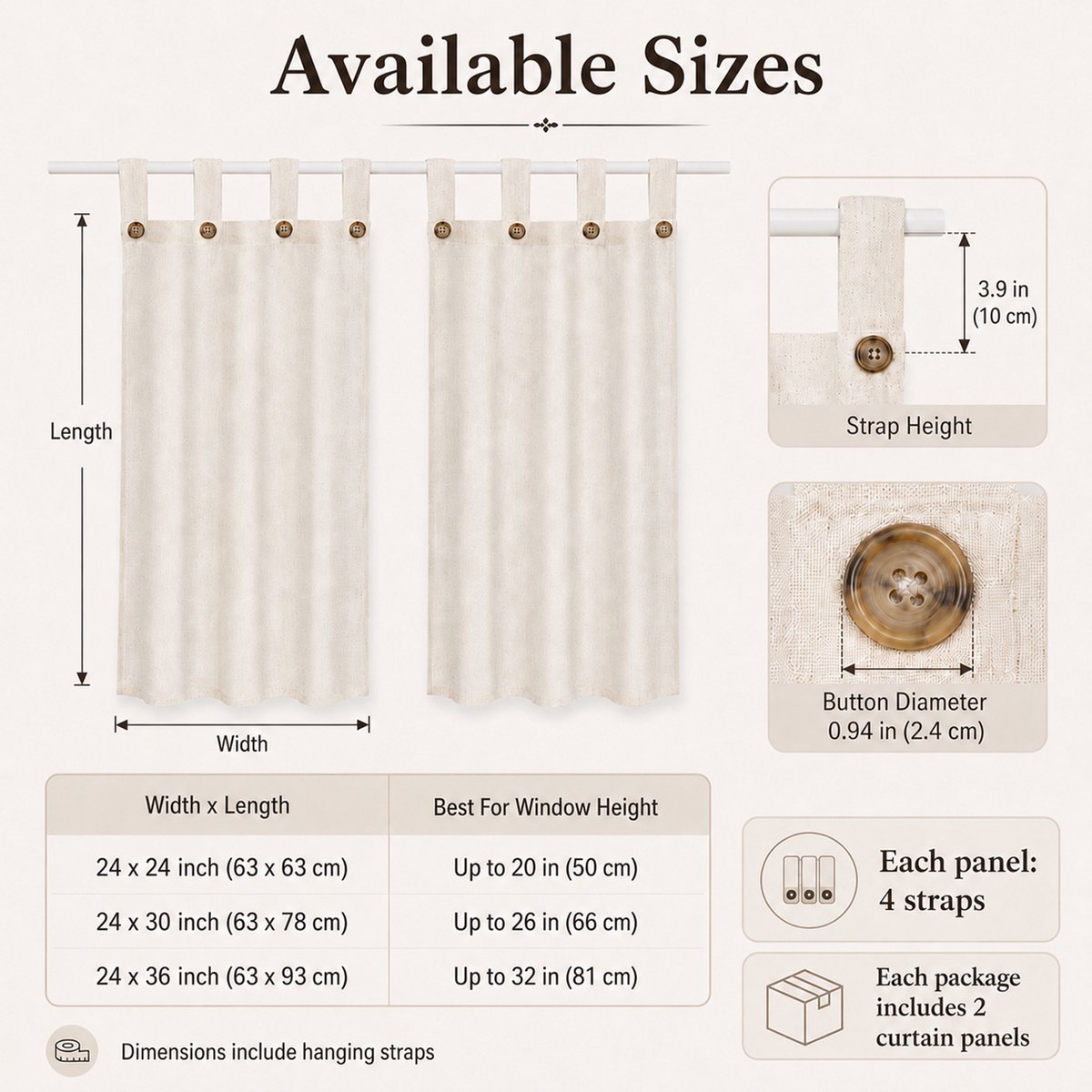 Qelus Vitrage Korte Gordijnen 2 Stuks - Linnenlook met Lussen en Knopen - 63 x 63 cm - Beige