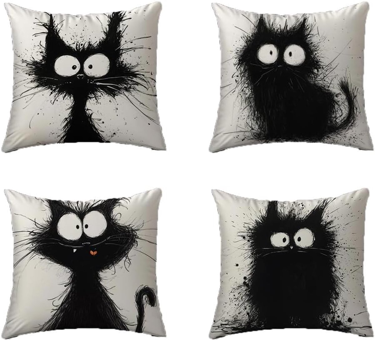 SnelShoppen - Set van 4 Kat Kussenhoezen 45 x 45 cm Cartoon Kussenhoezen voor Sofa Bed Slaapkamer Woonkamer Kantoor Kussenhoes met Rits