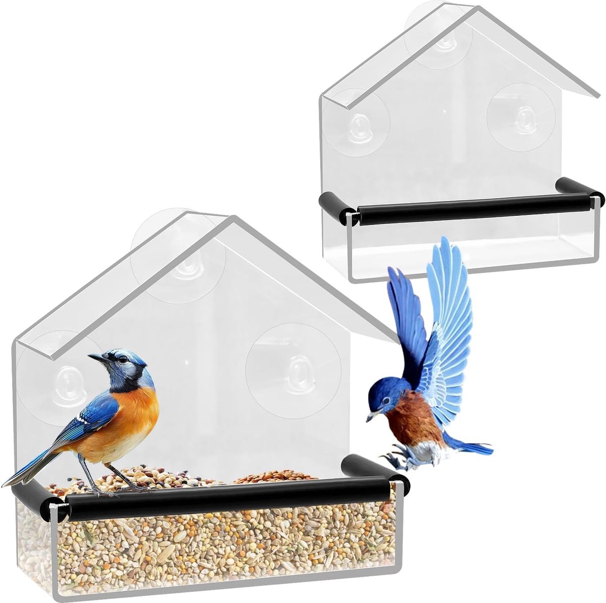 SnelShoppen - Vogelhuisje voor Raam, Transparant Vogelvoederhuis, Acryl Raam, Vogelvoeder met 3 Zuigkoppen voor Wilde Vogels, Vinken, Kardinalen, Blau