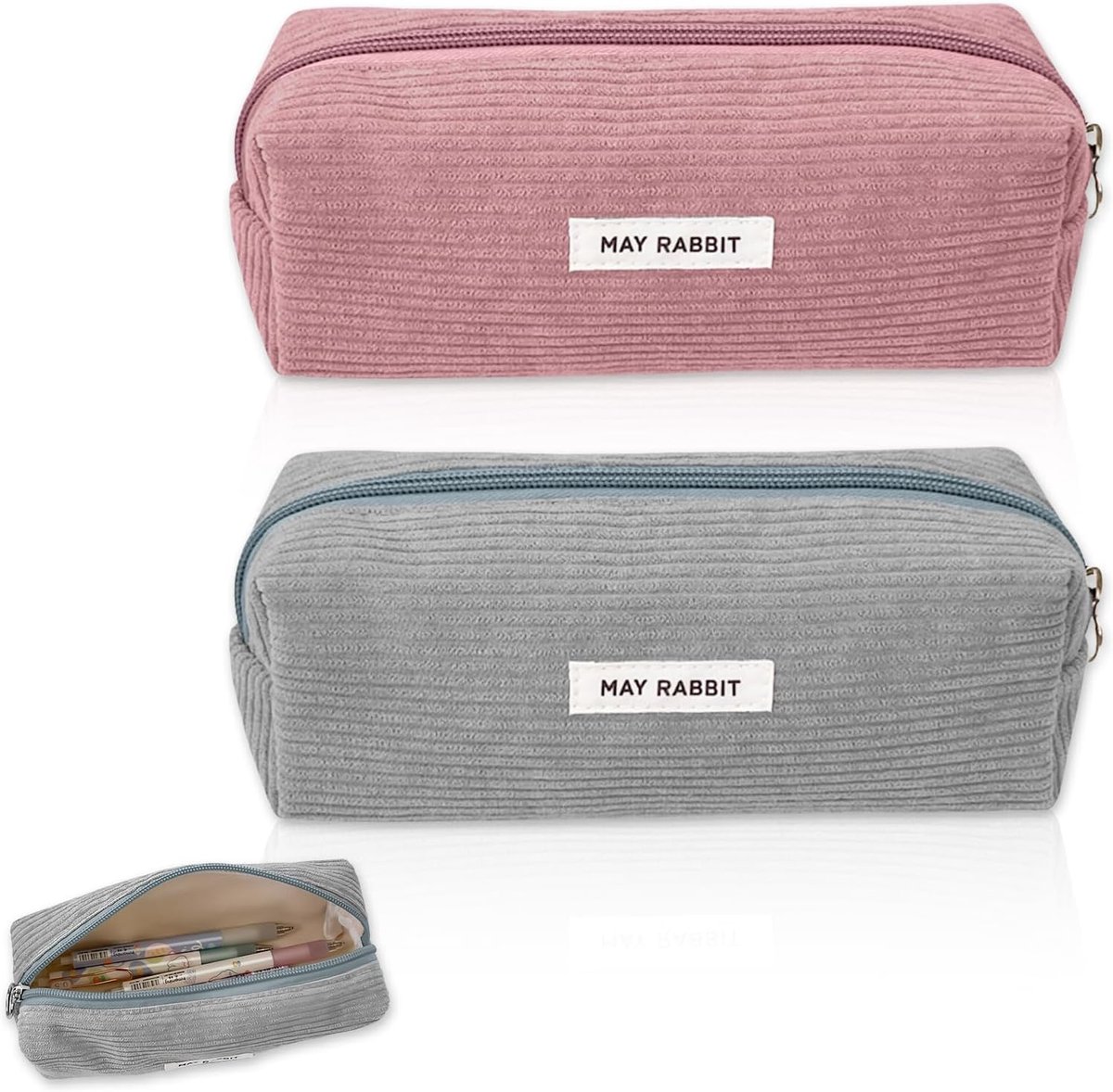 SnelShoppen - Pennenbak, Set van 2, 19 x 6 x 7 cm, Corduroy, Schoolbenodigdheden, Pennenetui, Tieners, Groot, Aesthetic, Pennenhouder (Roze/grijs)