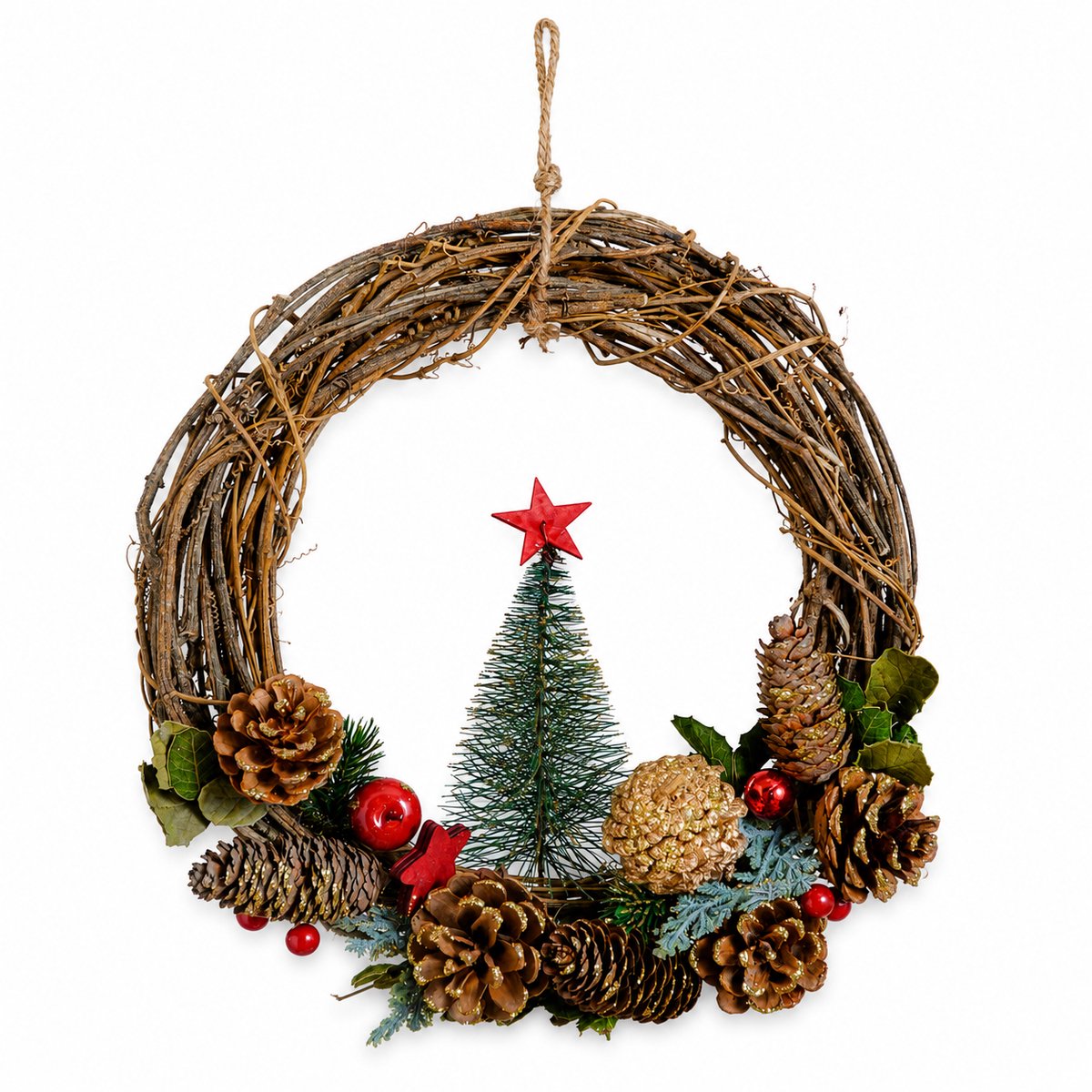 Rotan Kerstkrans Ø 30 x 8 cm – Ronde Deurkrans met Kerstboom, Dennenappels en Sneeuw – Kerstdecoratie voor Binnen en Buiten – Rood, Groen en Naturel