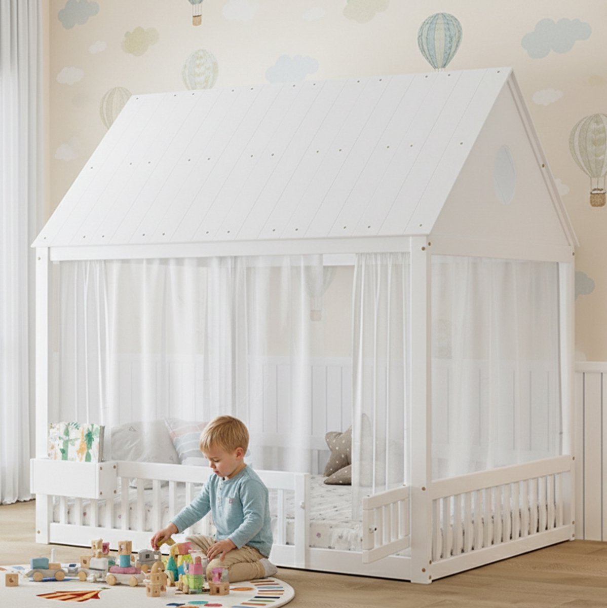 COVREO Kinderbed met opbergruimte – Eenpersoonsbed met raamdetails – Bed voor kinderkamer – 207x150,4x182,4 cm – Wit - zonder matras