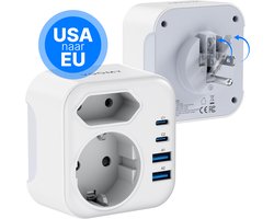 Voomy Reisstekker Amerika/USA - Wereldstekker Type B - Met 2 Stopcontacten - 2 USB-C & 2 USB-A - Wit