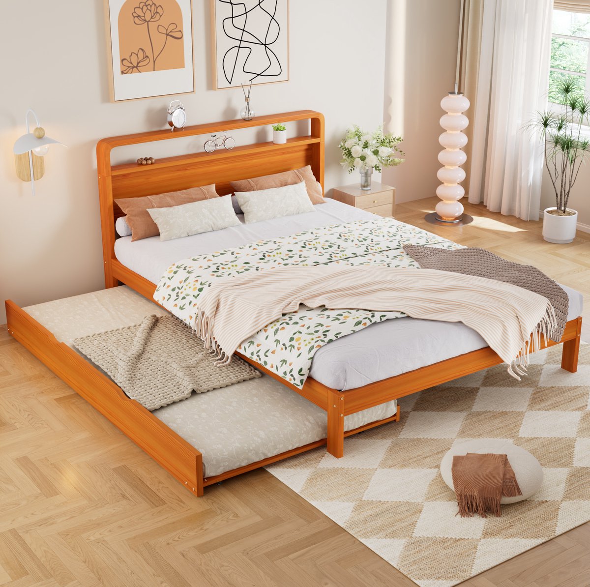 COVREO Bed 140x200 cm naturel, van hout met uitschuifbaar logeerbed