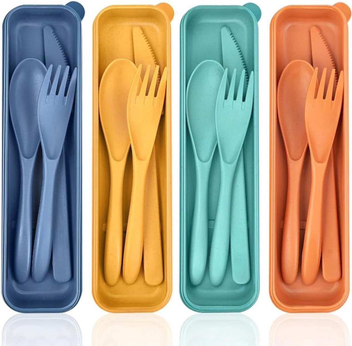 Bestek met etui, draagbare bestekset voor camping, picknick, kantoor en school, kunststof messen, lepel, vorkset, licht outdoor bestek in 4 kleuren