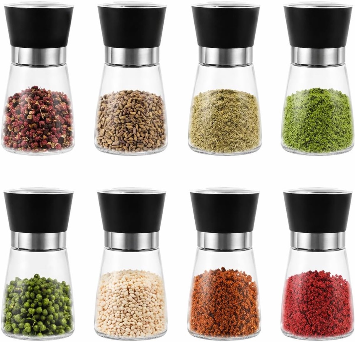 Pepermolen, 8 stuks, kruidenmolen, 180 ml, instelbare zoutmolen, kruidenmolens met keramisch maalwerk, zwarte glazen pepermolens, kruidenmolen voor peper, chili, zout, specerijen