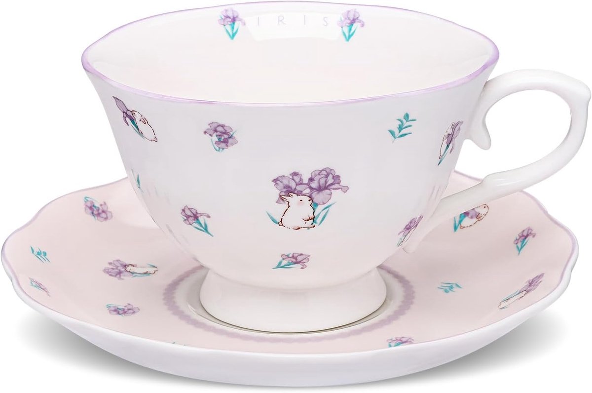 fanquare Theekop en schoteltje, 250 ml, Britse paarse iris, keramiek, koffiekop en schoteltje, vaatwasmachinebestendig