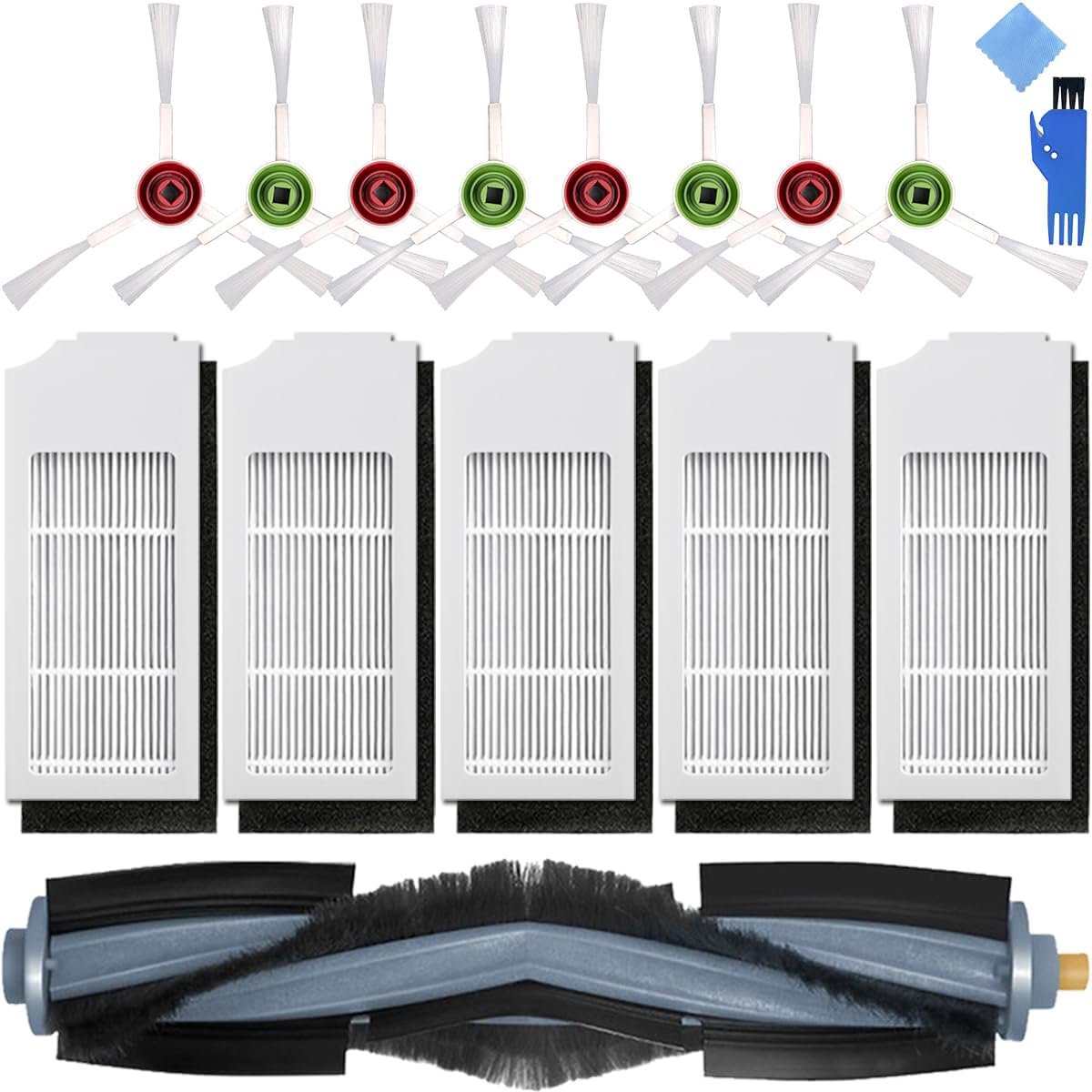 Replacement Parts for Ecovacs Deebot T10/T10 Turbo/T10 Plus/X1 Omni/X1 Plus/X1 Turbo Robot Vacuum Cleaner, 1 x Main Roller Brush, 8 x Side Brushes, 5 x HEPA Filters (14 Pcs)