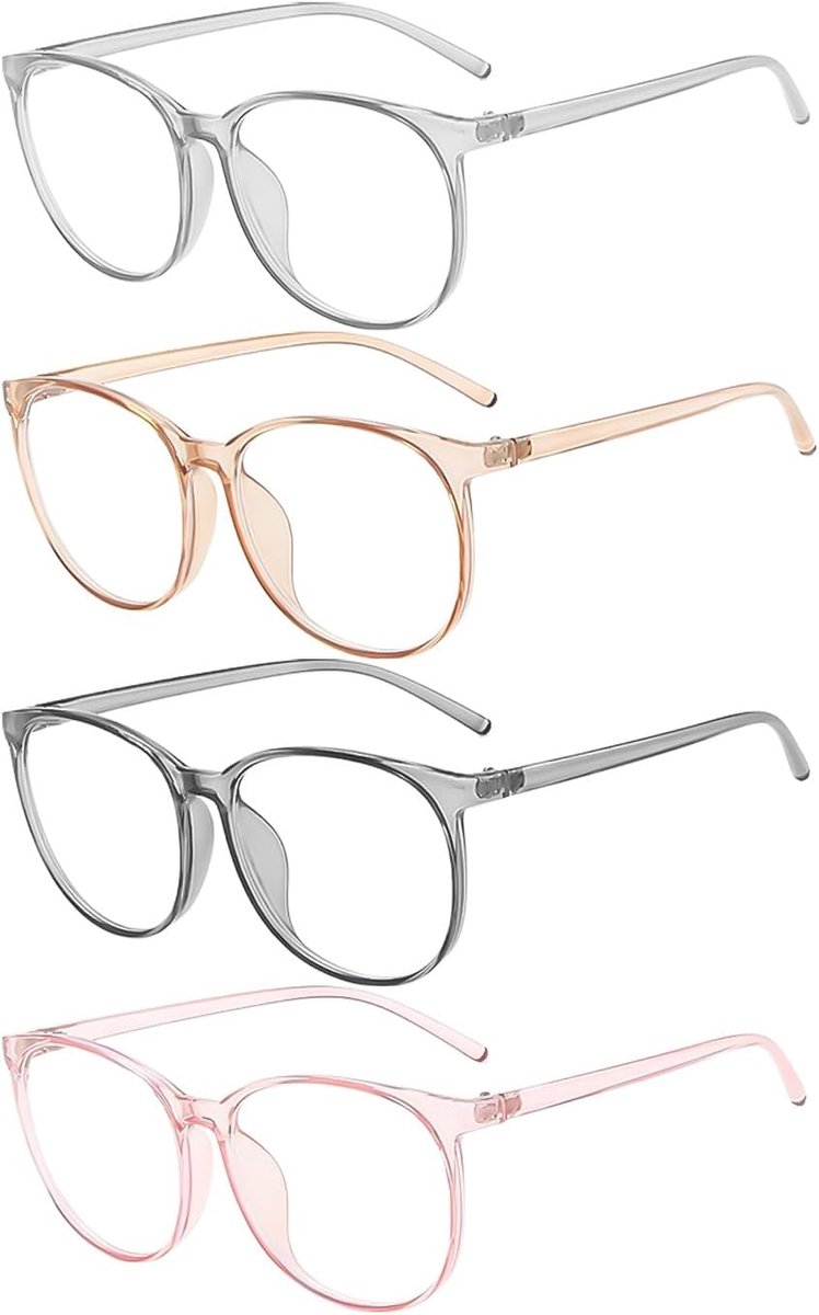4 stuks transparante monturen voor dames, schattige cartoonmonturen, modieuze monturen, kunststof montuur, ronde montuur, grote bril, lensloze brillen, roze, grijs, oranje, transparant