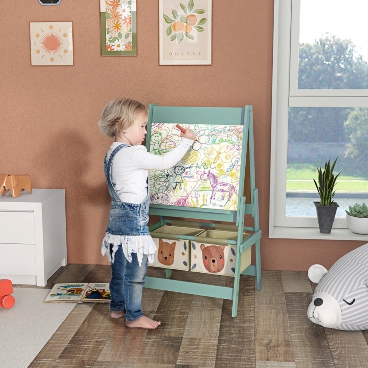 COVREO Kinder staffelei 54 x 46,5 x 93 cm groen, hout met papierrol