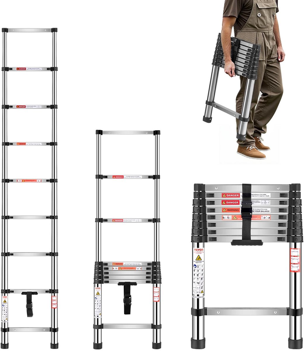 SnelShoppen - Telescopische ladder 2,6 m - Lichtgewicht roestvrijstalen verlengladder - Inklapbare 9-traps ladder tot 170 kg - Antislipvoeten - Draagb