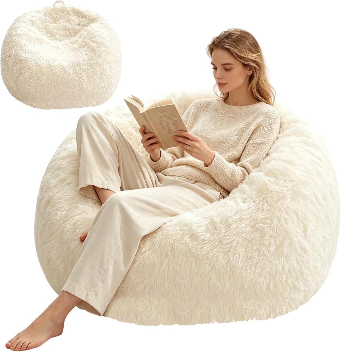 Zitzak van kunstbont, zitzakhoes in druppelvorm voor volwassenen, indoor beanbag 70 x 80 cm, alleen overtrek (geen vulling), gaming-zitzak, beanbag stoel voor buiten, woonkamerdecoratie (beige)