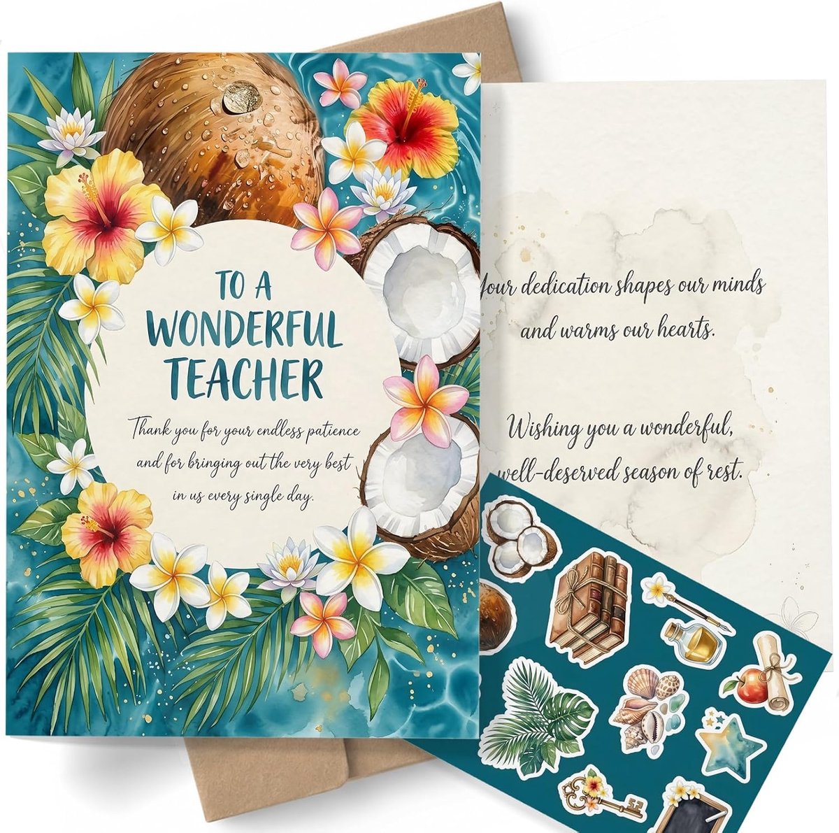 Aquarelwenskaart voor leraren, bedankkaart en bedankbrief, dankbaar tropisch design, standaard A5-formaat, dubbelzijdig bedrukt, originele kunst, inclusief envelop en bijpassend stickervel