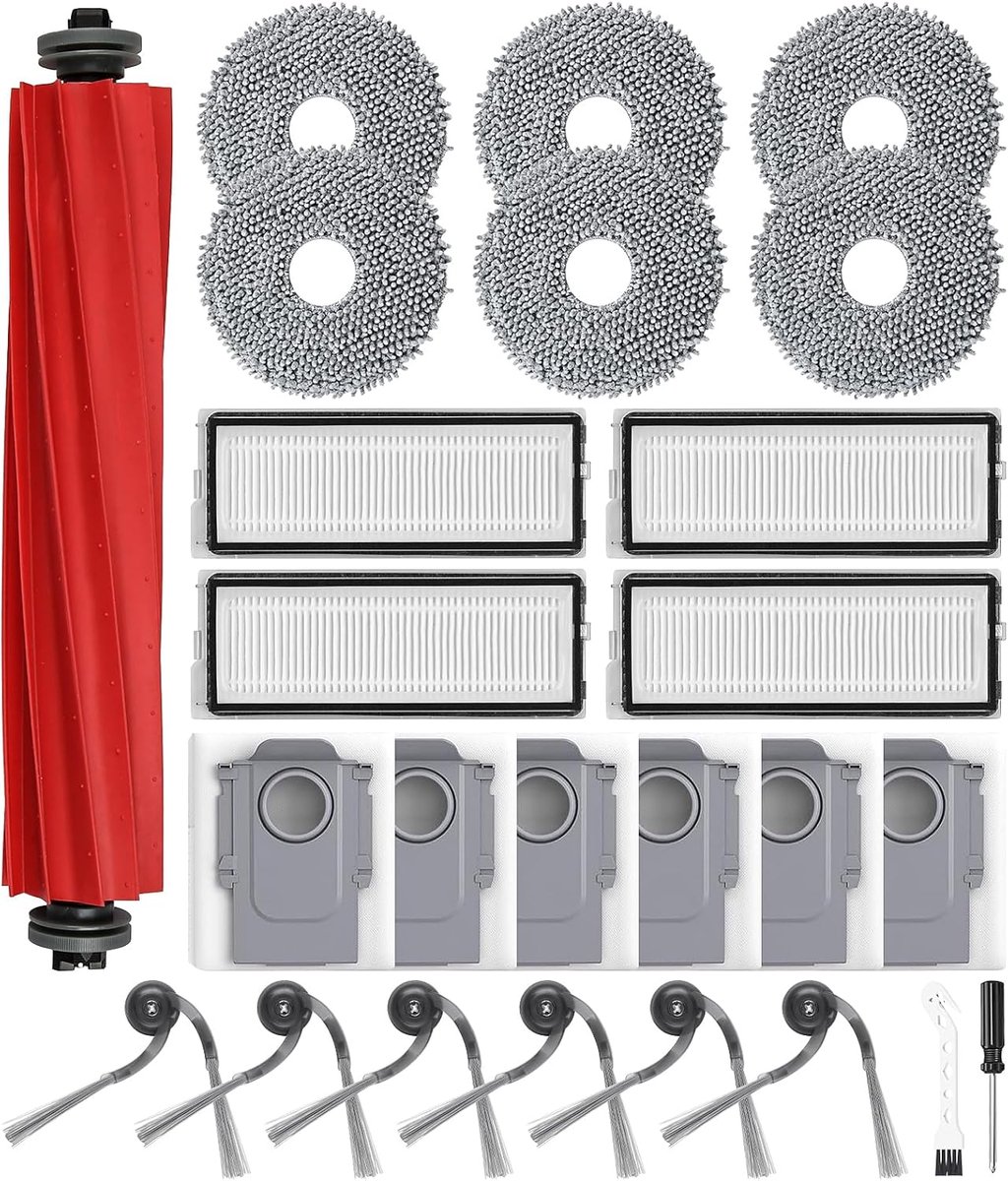 25-delige set accessoires voor Roborock QV 35A / QV 35S robotstofzuiger, 1 hoofdborstel, 6 stofzakken, 6 reinigingspads, 4 HEPA-filters, 6 zijborstels, 1 reinigingsaccessoire, 1