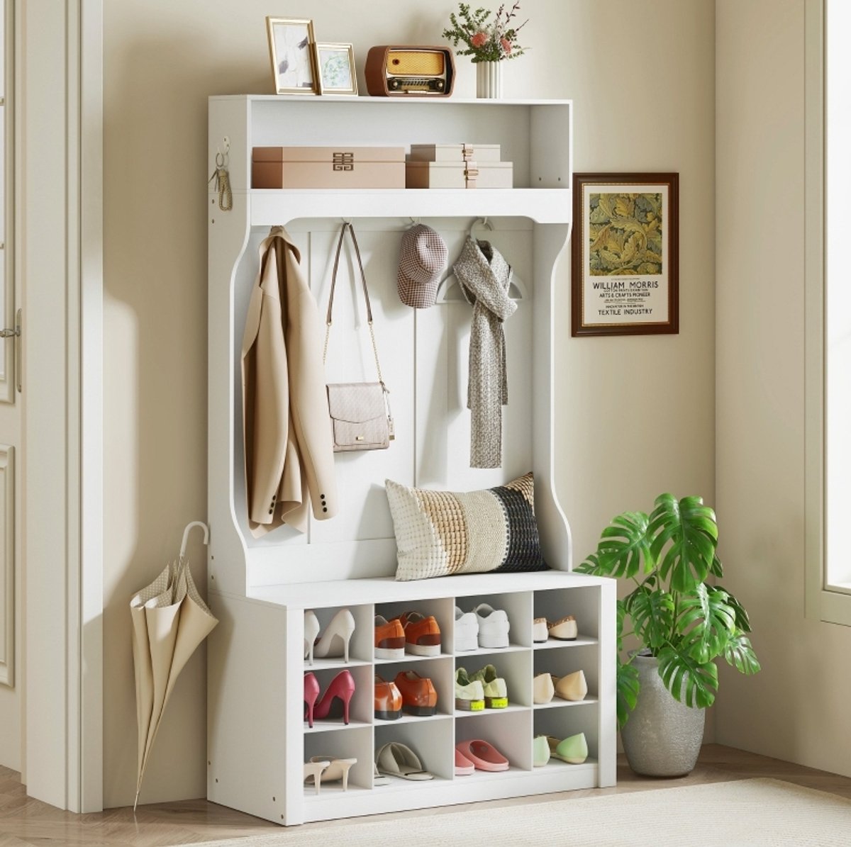 COVREO Schoenenkast met bank 100x35x172,2 cm wit, MDF en spaanplaat, 12 vakken