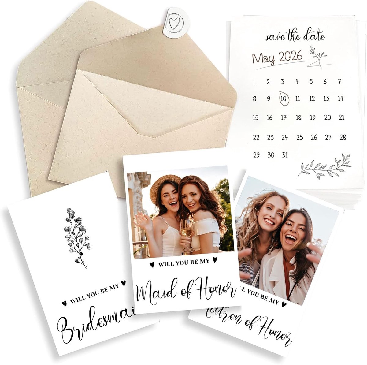 Voorstelcadeaus – 11-delige set, 8 kaarten 'Wil je mijn bruidsmeisje zijn', 2 kaarten 'Wil je mijn ceremoniemeester zijn', 1 uitnodiging 'Matron of Honor'