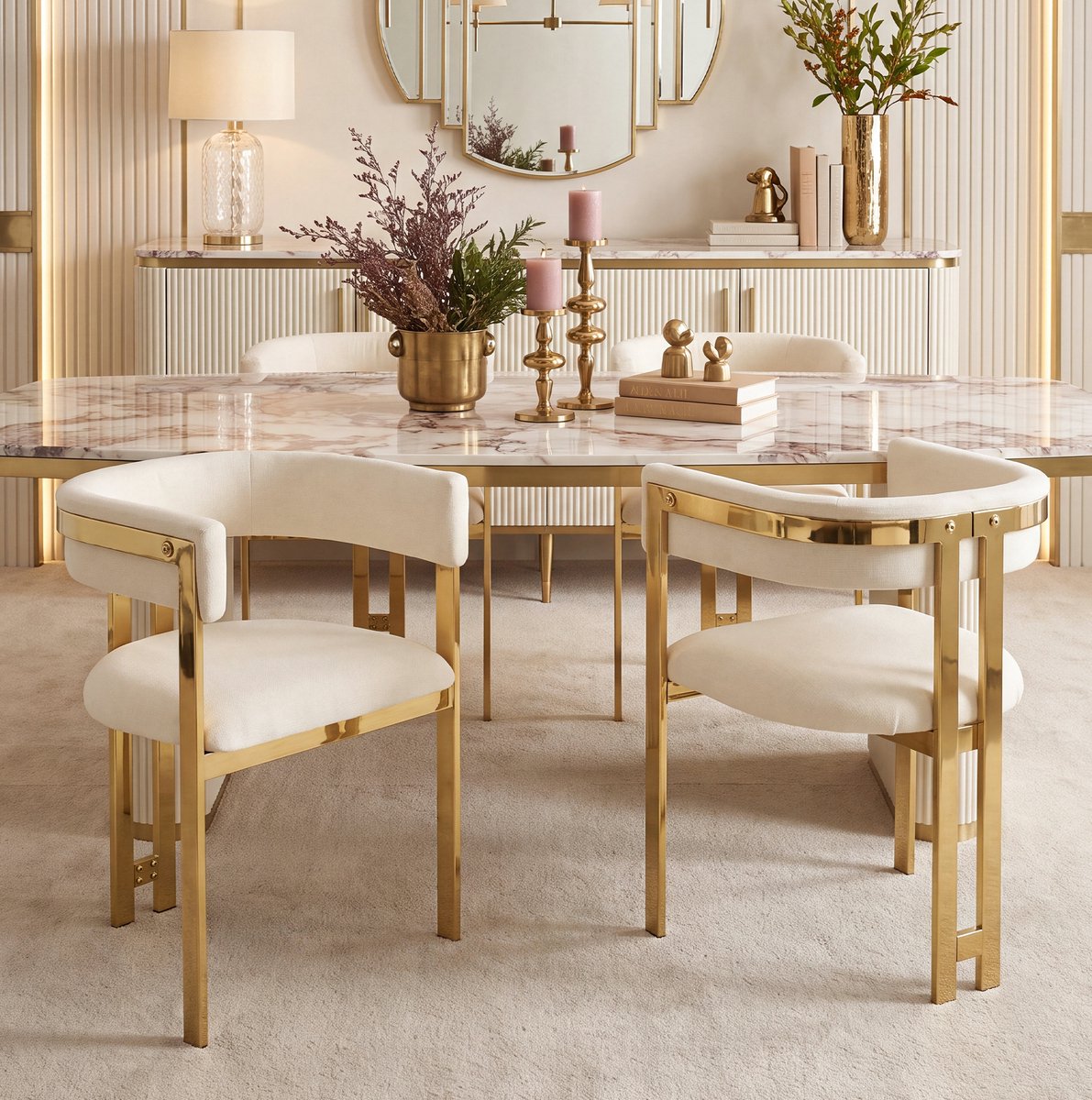 MIVRAY Eetkamerstoel Set van 4 - 60 x 50 x 76 cm - Comfortabele Chenille Zitting Met Armleuning - Voor Eetkamer En Woonkamer - Metaal - Beige Goud