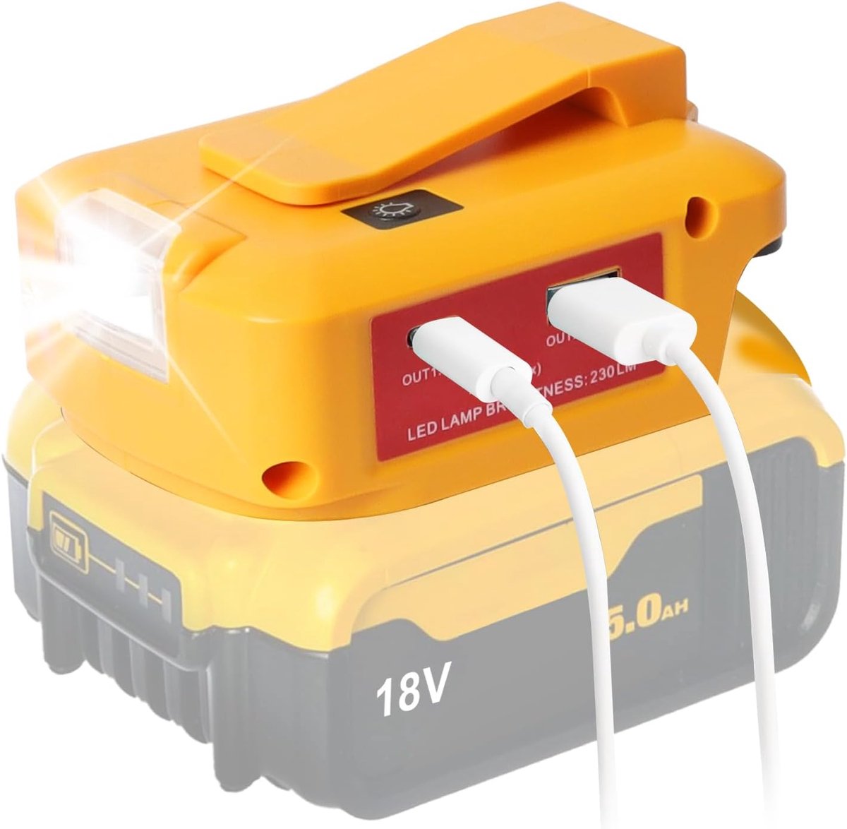 USB accu-adapter compatibel met Dewalt 18V accu | Dubbele USB-poorten, DC-uitgang en LED-werklamp
